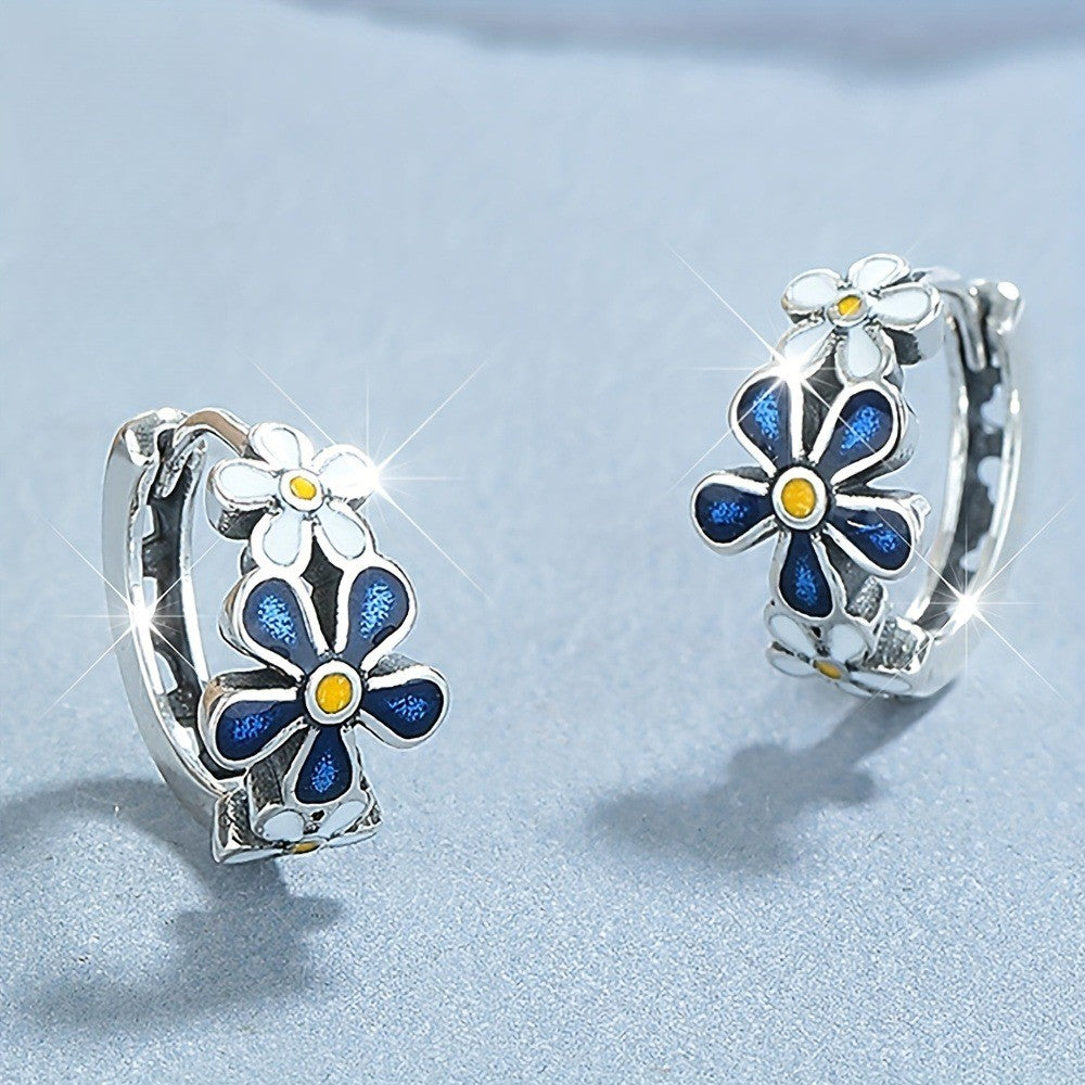 Blue Enamel Daisy Hoop Earrings