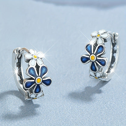 Blue Enamel Daisy Hoop Earrings