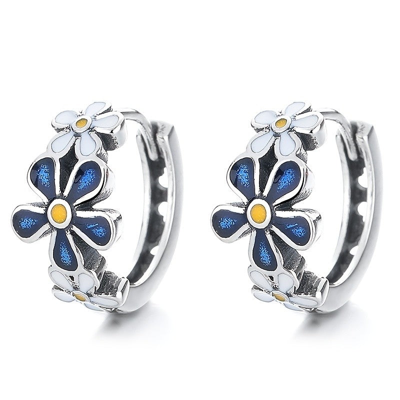 Blue Enamel Daisy Hoop Earrings