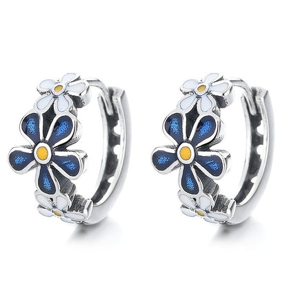Blue Enamel Daisy Hoop Earrings