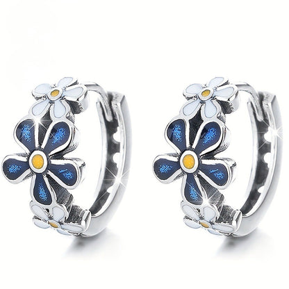 Blue Enamel Daisy Hoop Earrings