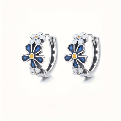 Blue Enamel Daisy Hoop Earrings