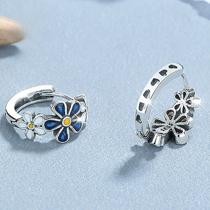 Blue Enamel Daisy Hoop Earrings