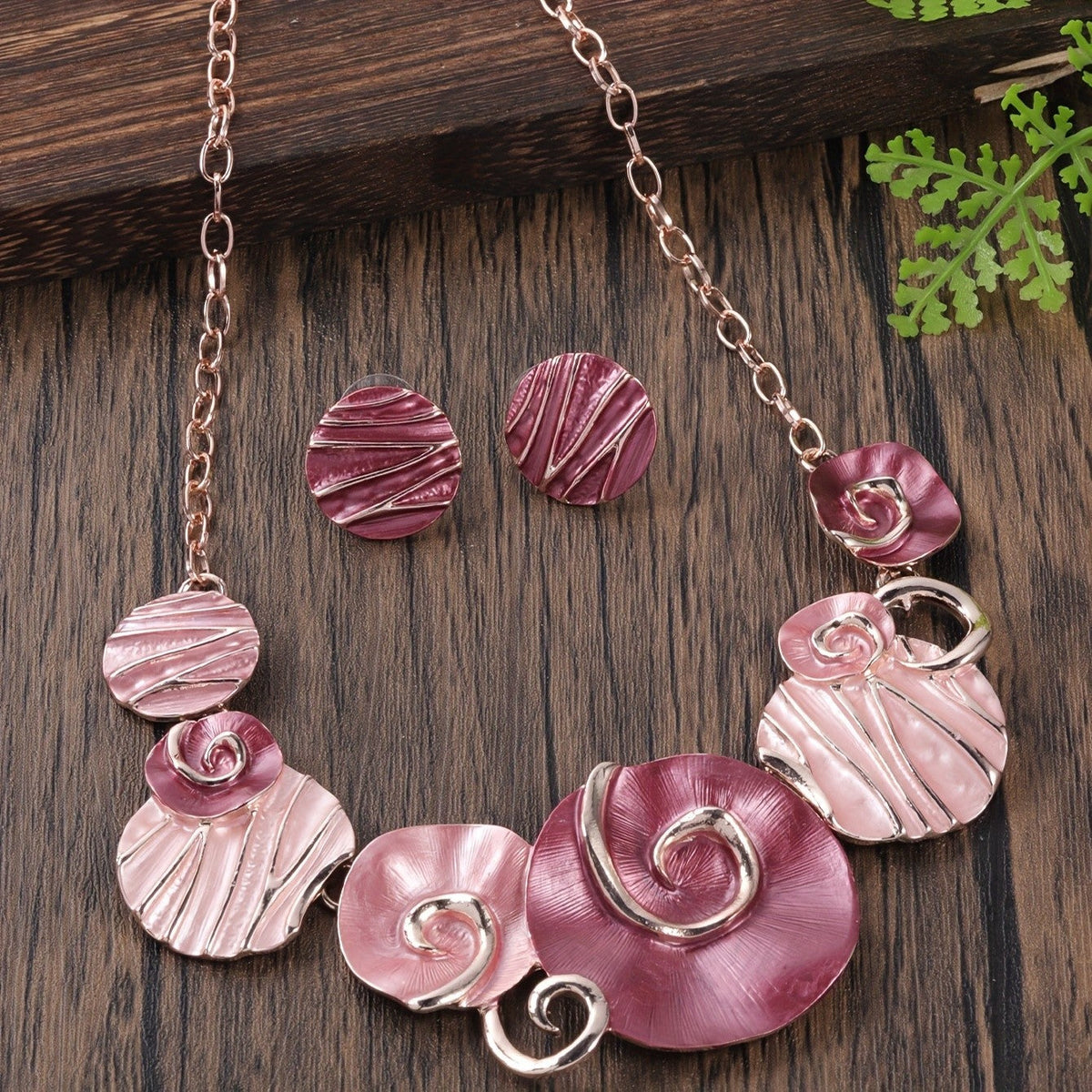 Pink Swirl Disc Necklace & Earring Set