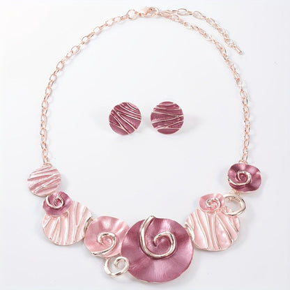 Pink Swirl Disc Necklace & Earring Set