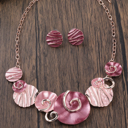 Pink Swirl Disc Necklace & Earring Set
