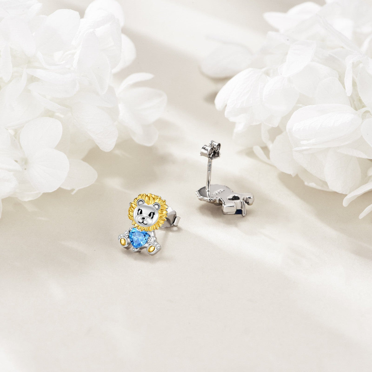 Blue Heart Lion Stud Earrings