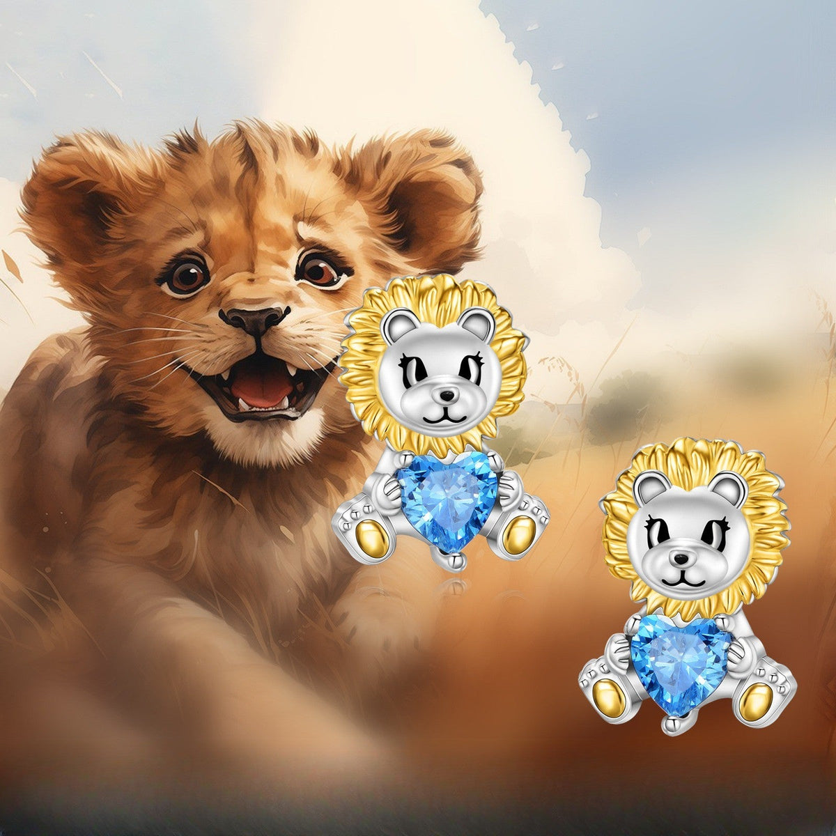 Blue Heart Lion Stud Earrings