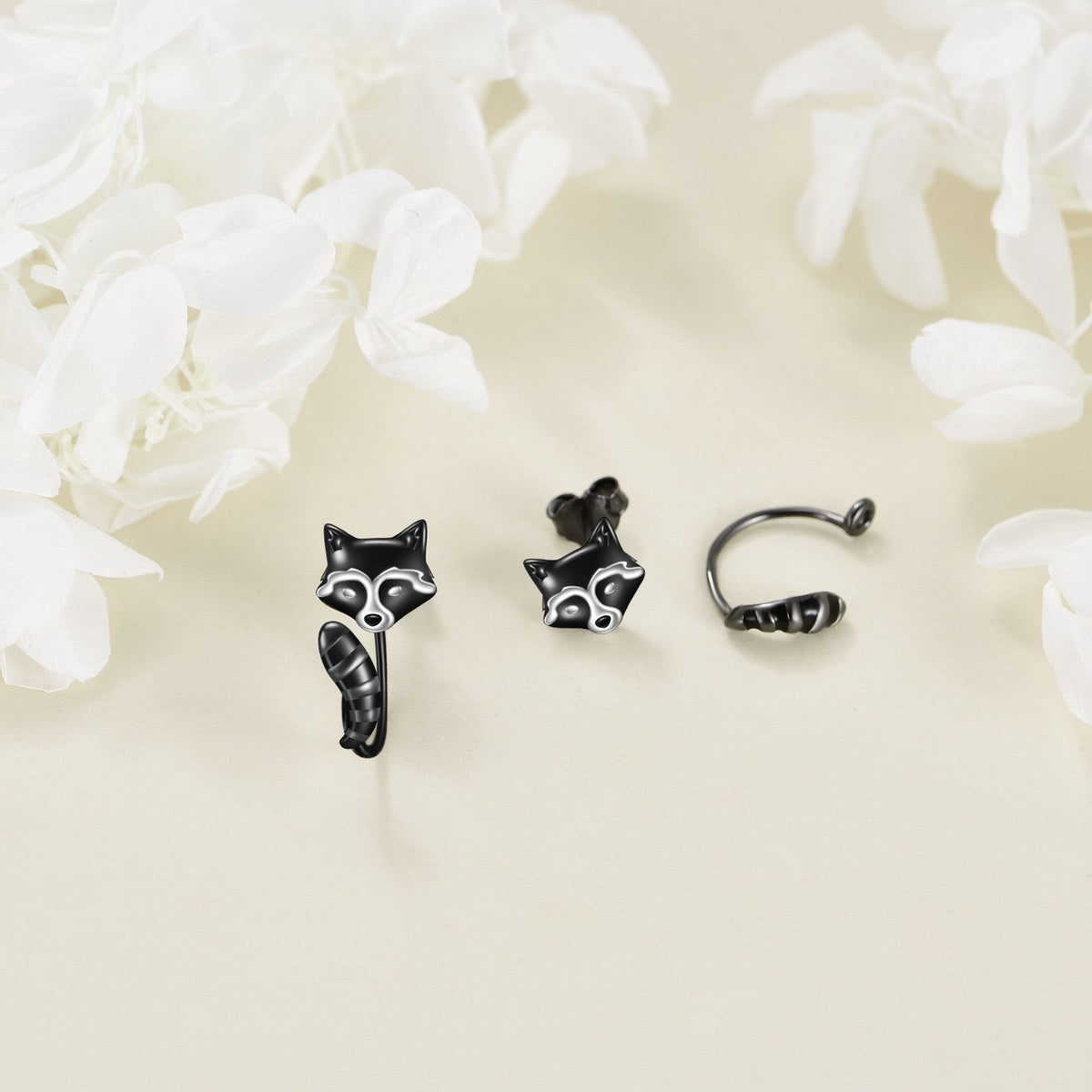 Black Raccoon Face Stud Earrings