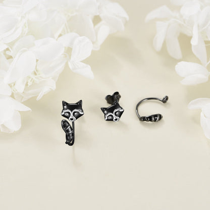 Black Raccoon Face Stud Earrings
