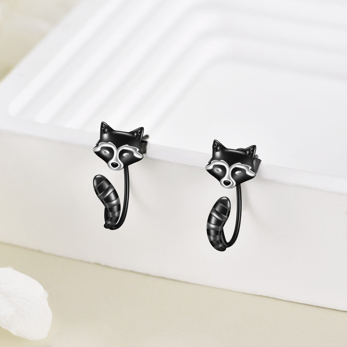 Black Raccoon Face Stud Earrings