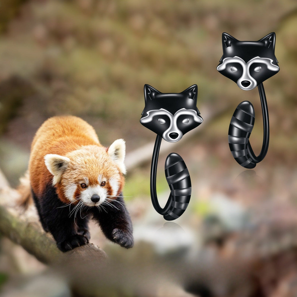 Black Raccoon Face Stud Earrings