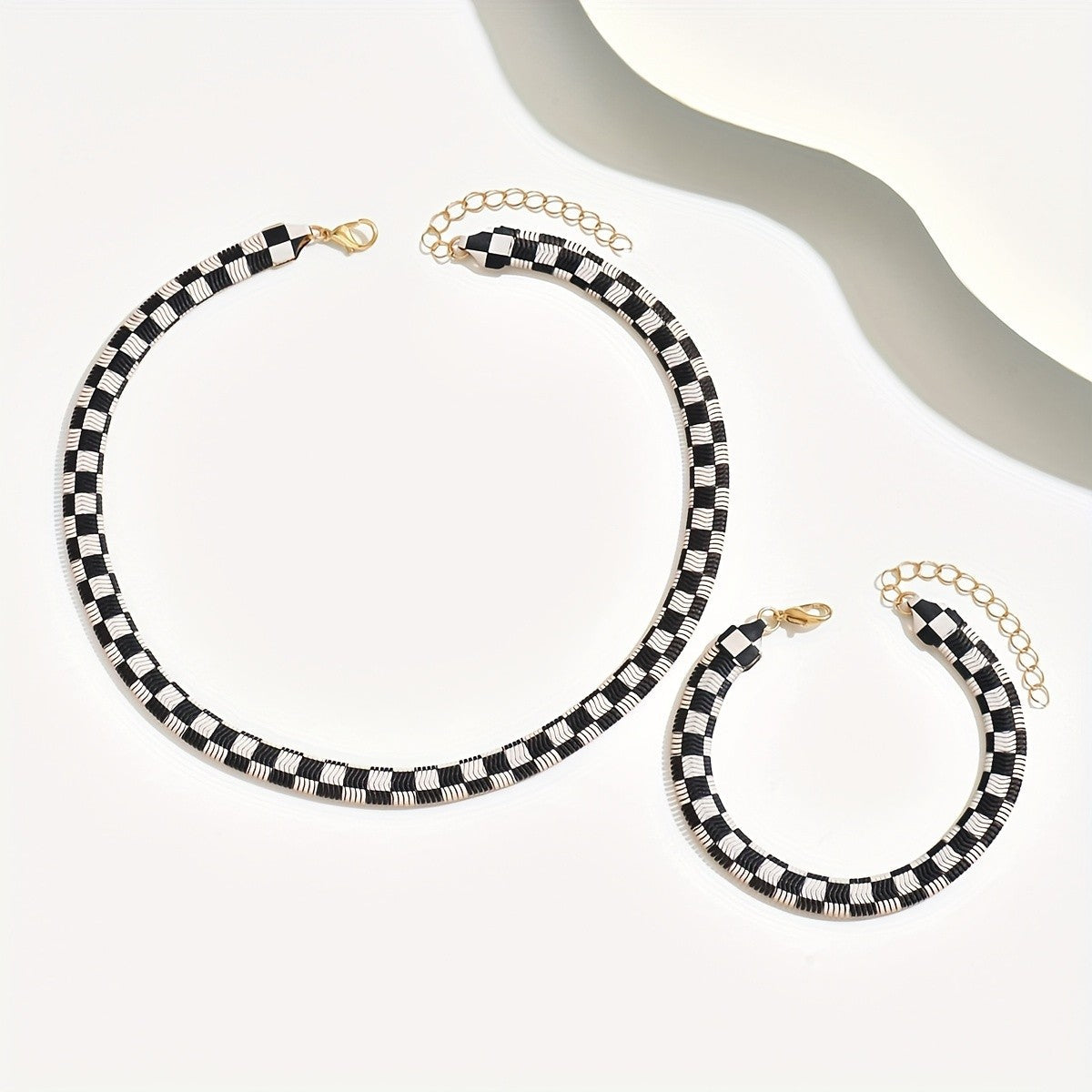 Black & White Checkered Necklace & Bracelet Set