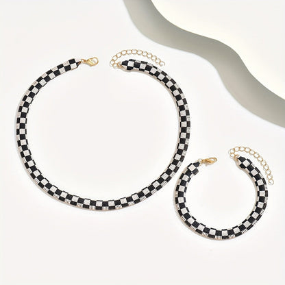 Black & White Checkered Necklace & Bracelet Set