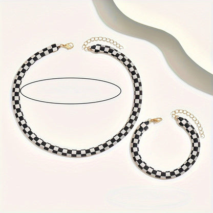 Black & White Checkered Necklace & Bracelet Set