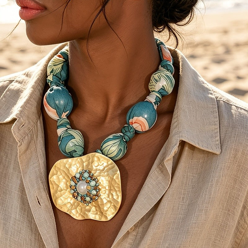 Floral Bead & Hammered Pendant Necklace