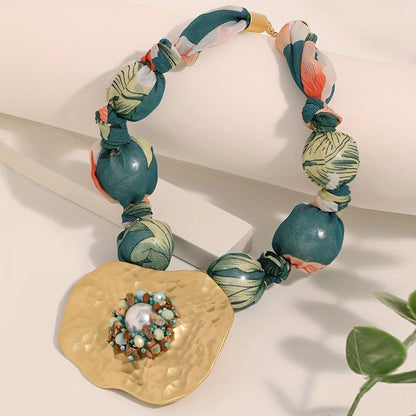 Floral Bead & Hammered Pendant Necklace