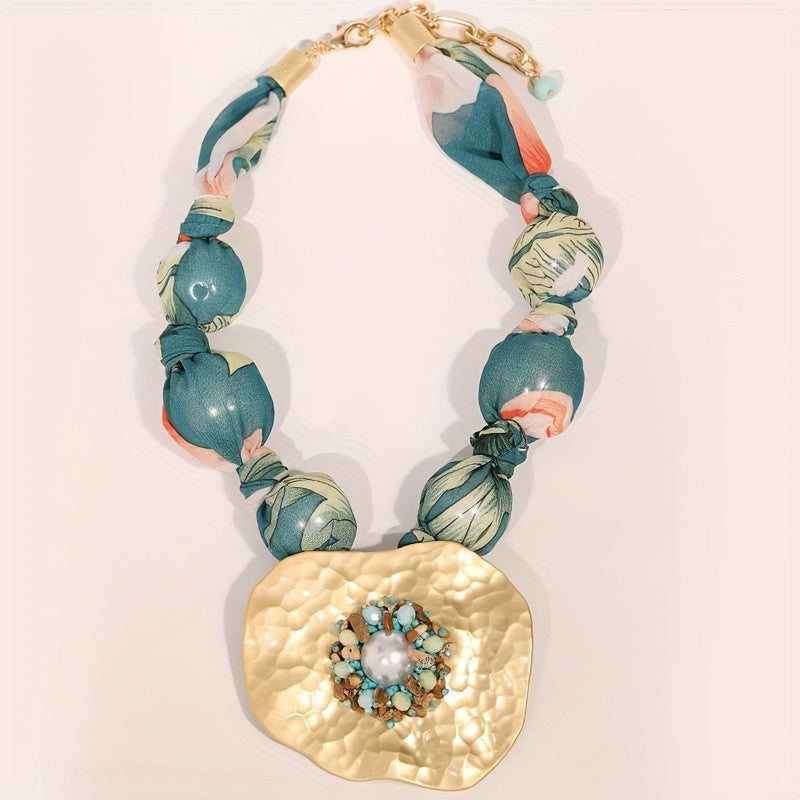 Floral Bead & Hammered Pendant Necklace