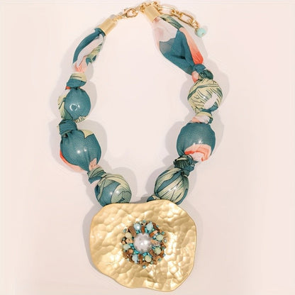 Floral Bead & Hammered Pendant Necklace
