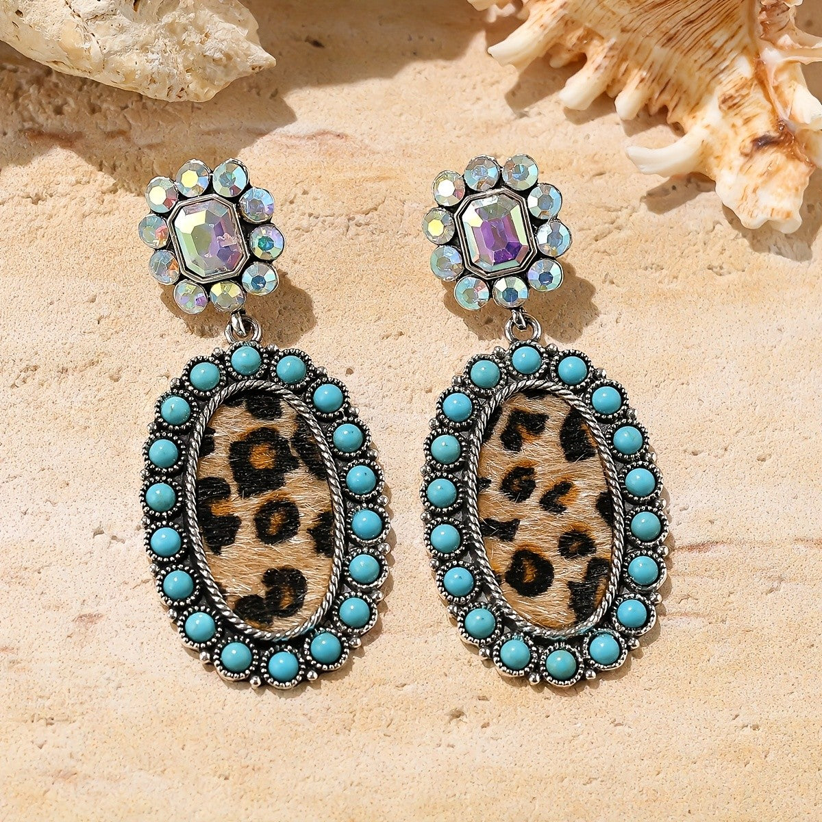 Leopard Print Crystal Turquoise Drop Earrings