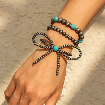 Turquoise & Silver Bead Bow Bracelet Set