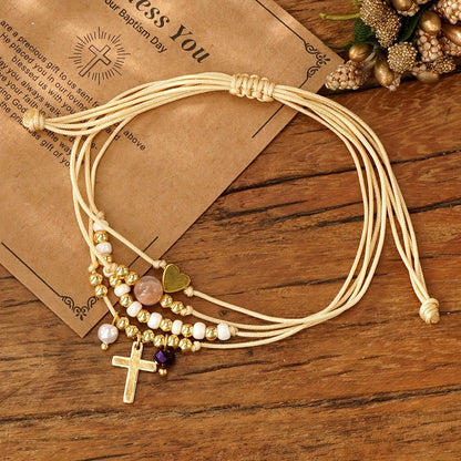 Layered Cross & Heart Bead Bracelet