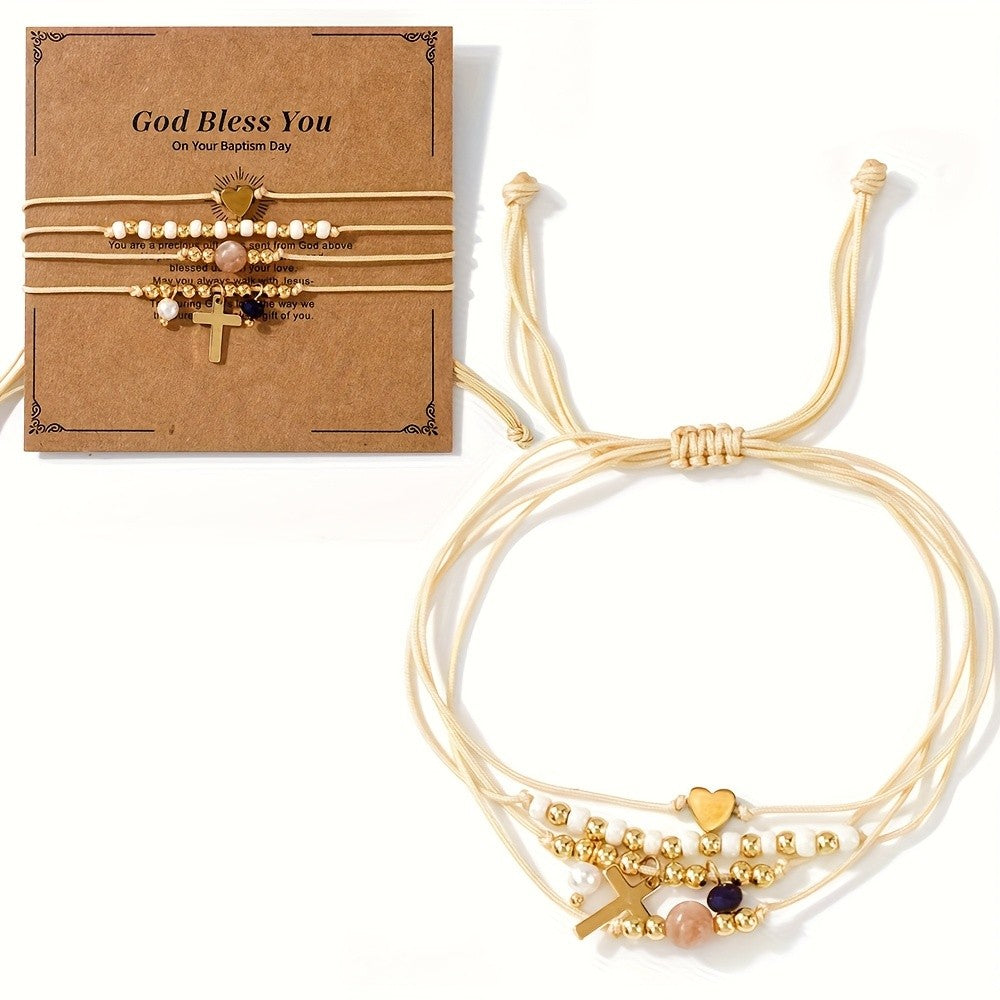 Layered Cross & Heart Bead Bracelet