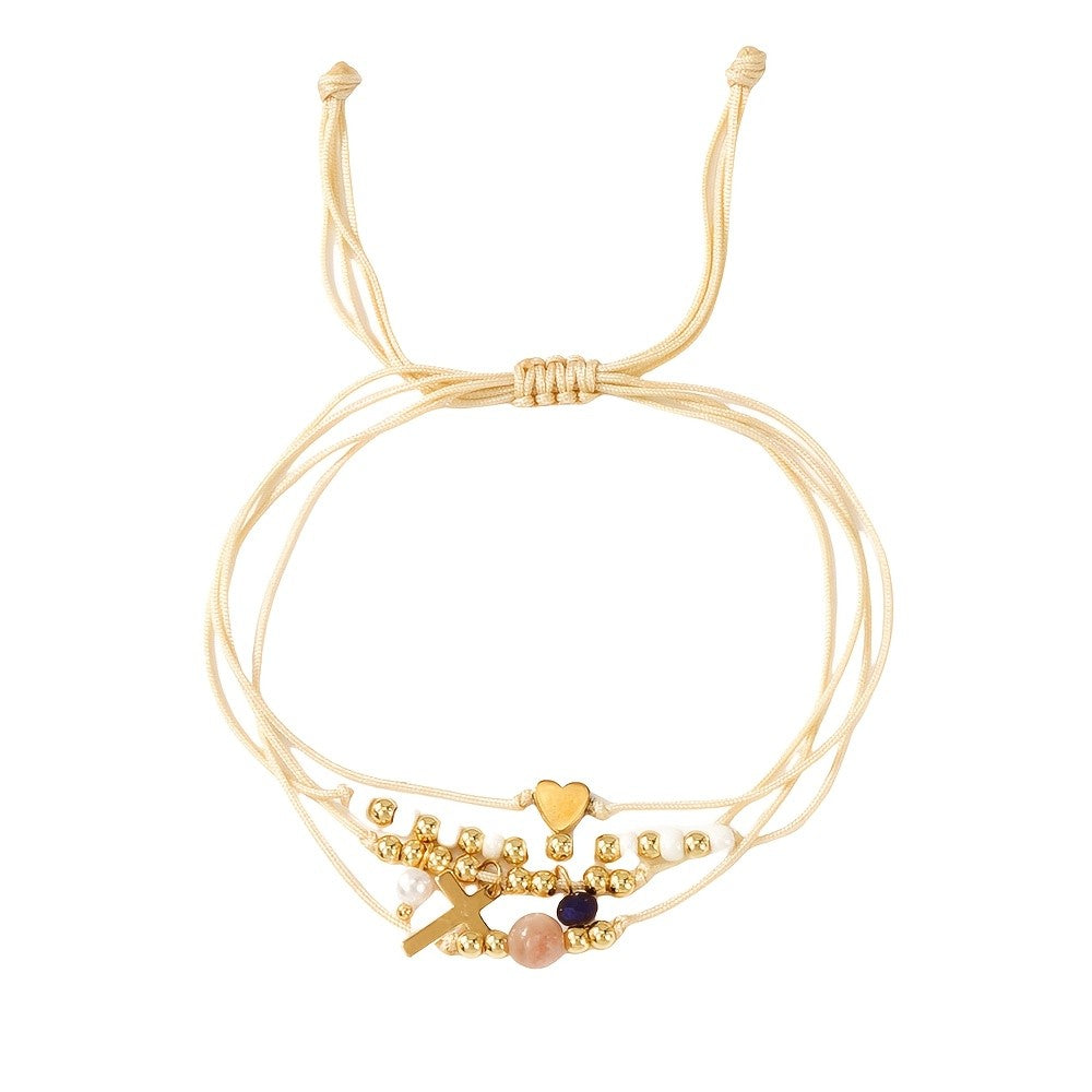 Layered Cross & Heart Bead Bracelet