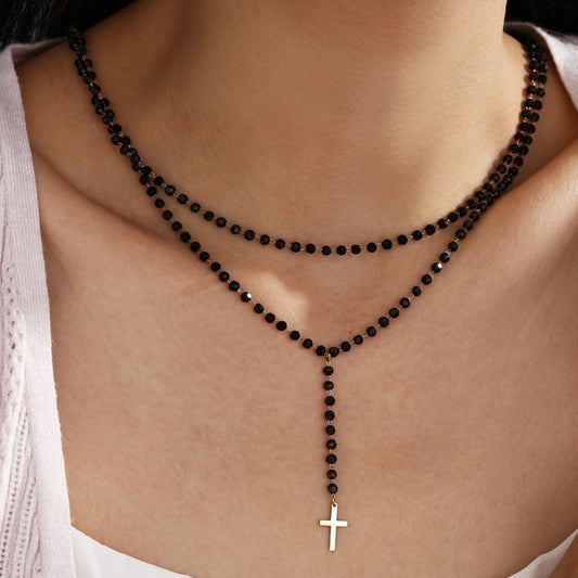 Black Bead Cross Necklace