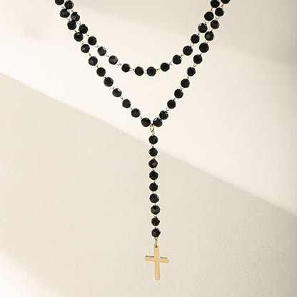 Black Bead Cross Necklace
