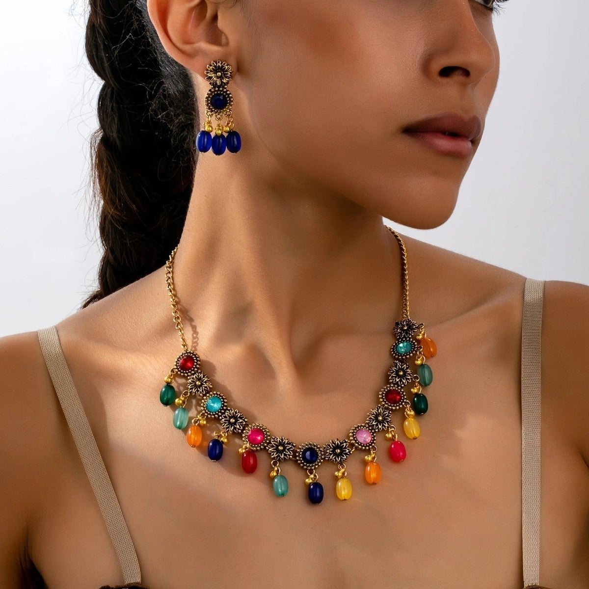 Multicolor Floral Drop Necklace & Earring Set