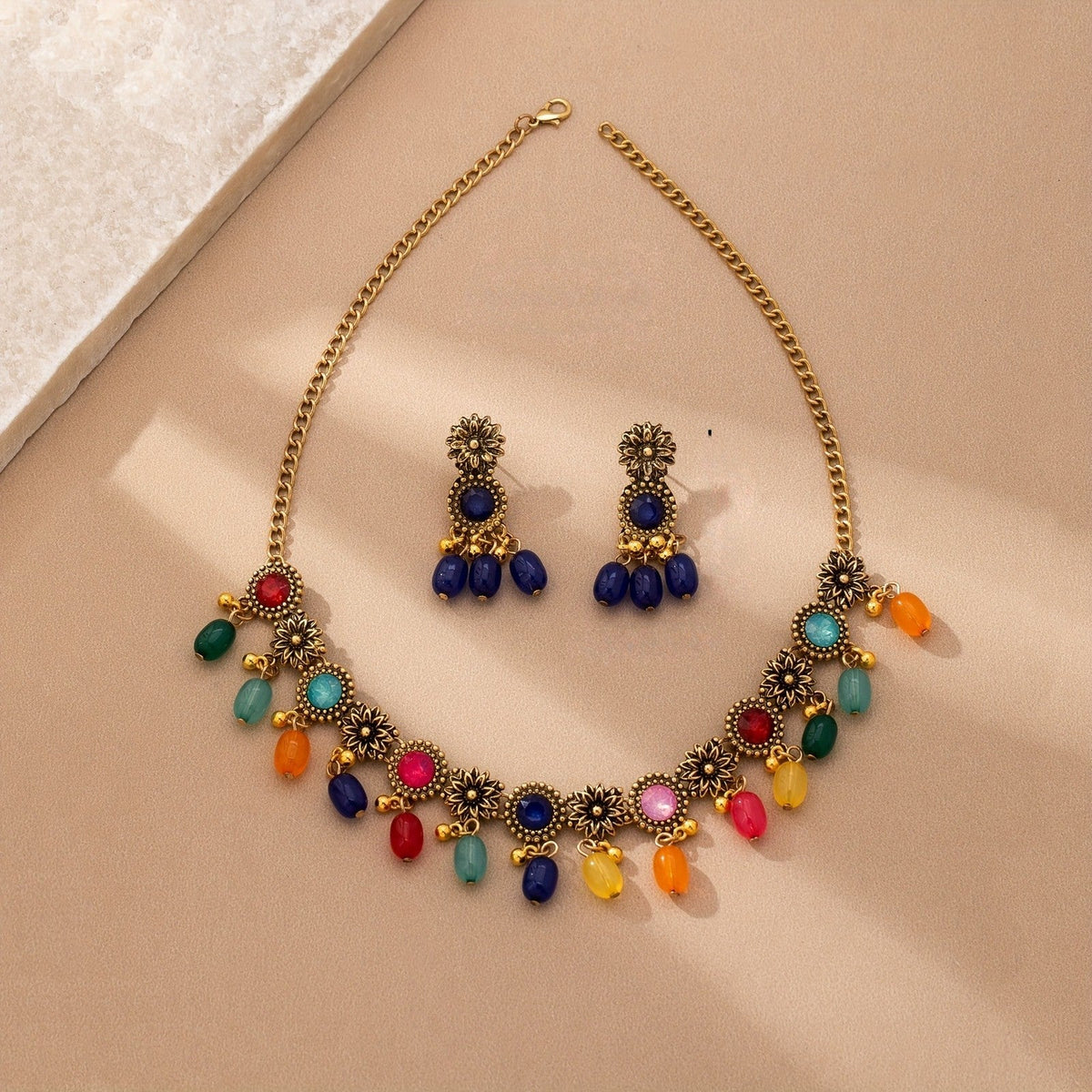Multicolor Floral Drop Necklace & Earring Set