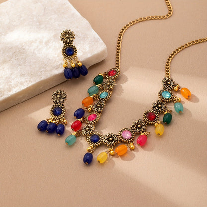 Multicolor Floral Drop Necklace & Earring Set