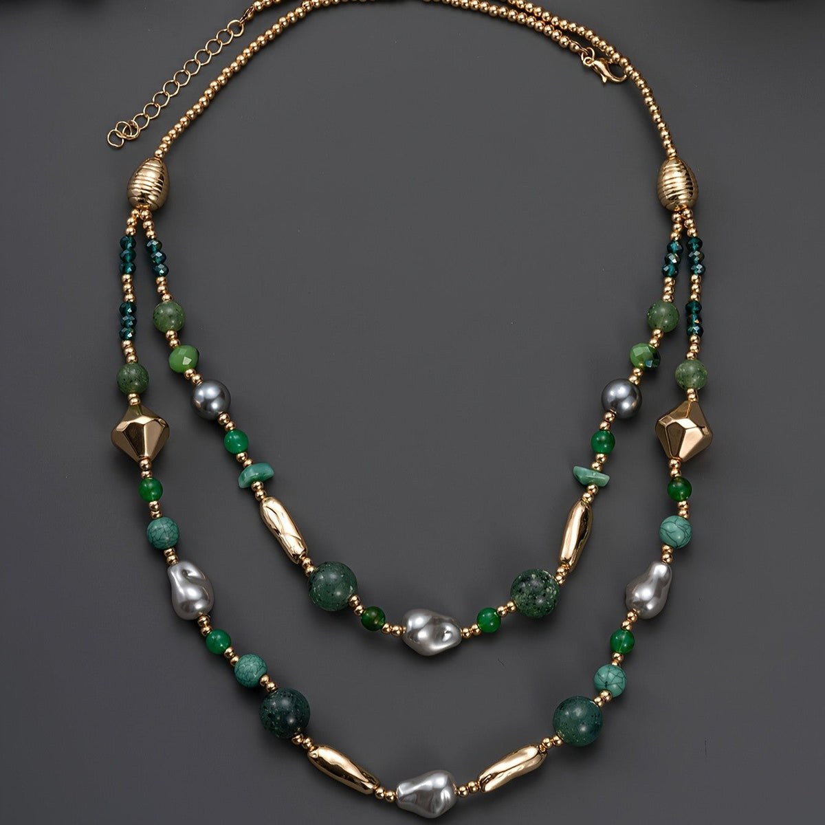 Green Glass & Gray Pearl Layered Necklace