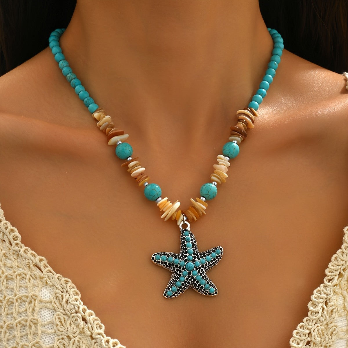 Turquoise Starfish Shell Beaded Necklace