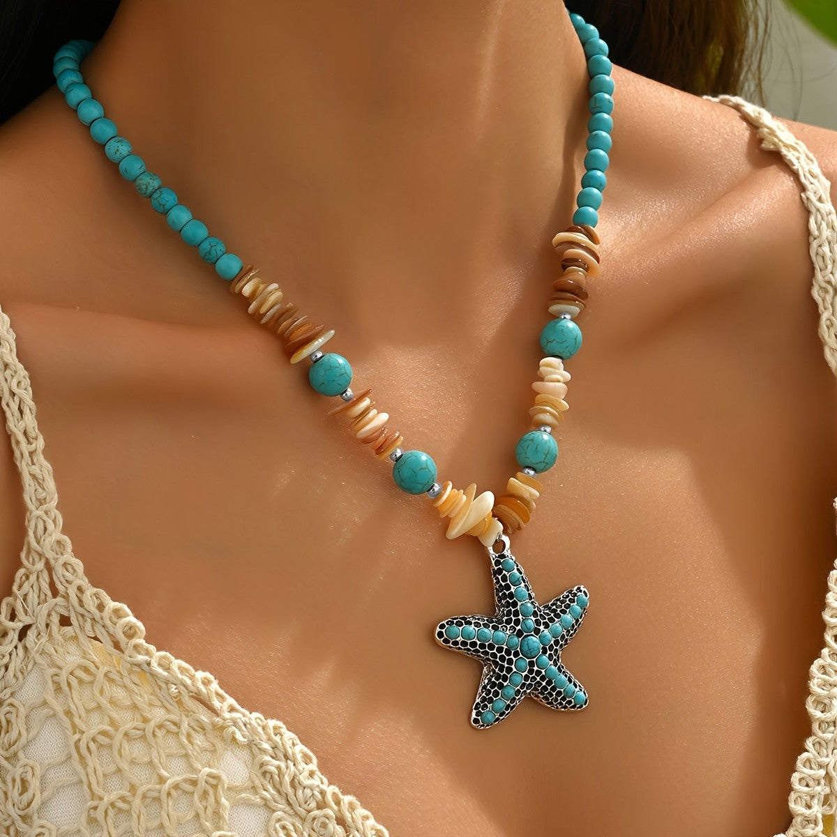 Turquoise Starfish Shell Beaded Necklace
