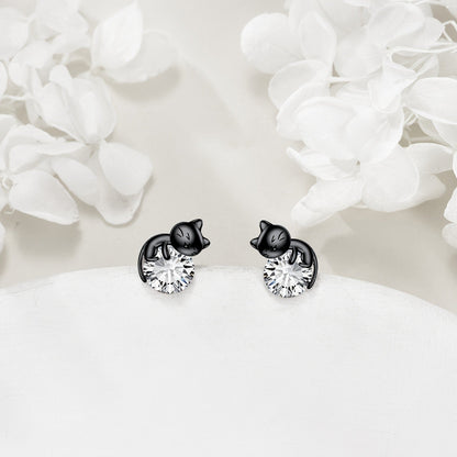 Black Cat Crystal Stud Earrings