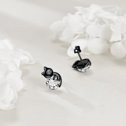 Black Cat Crystal Stud Earrings