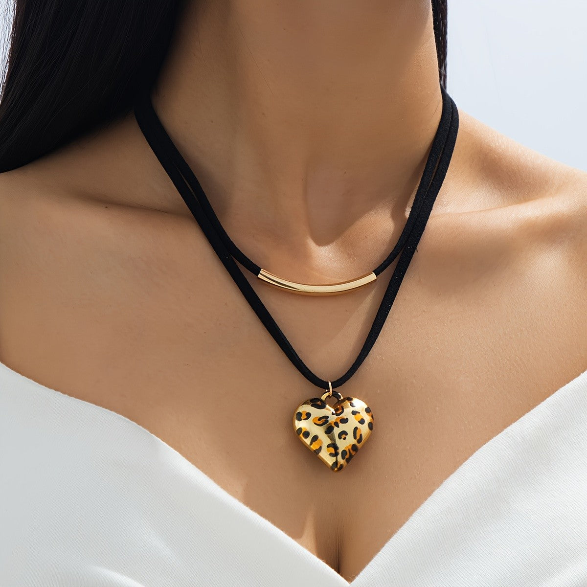 Leopard Heart & Bar Layered Necklace
