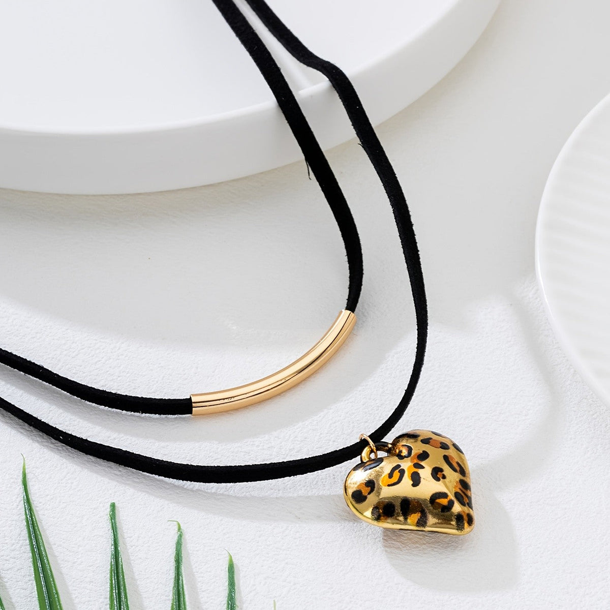 Leopard Heart & Bar Layered Necklace
