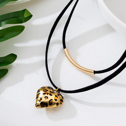 Leopard Heart & Bar Layered Necklace