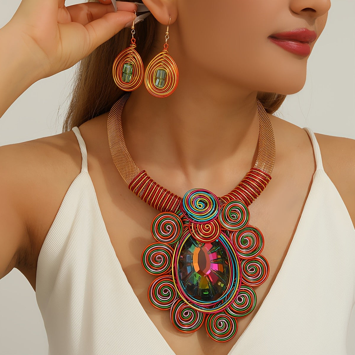 Teal Spiral Crystal Necklace & Earrings Set