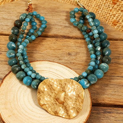 Blue Beaded Hammered Pendant Necklace
