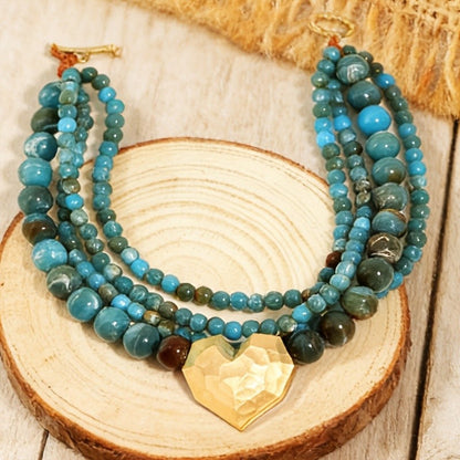 Blue Beaded Hammered Pendant Necklace