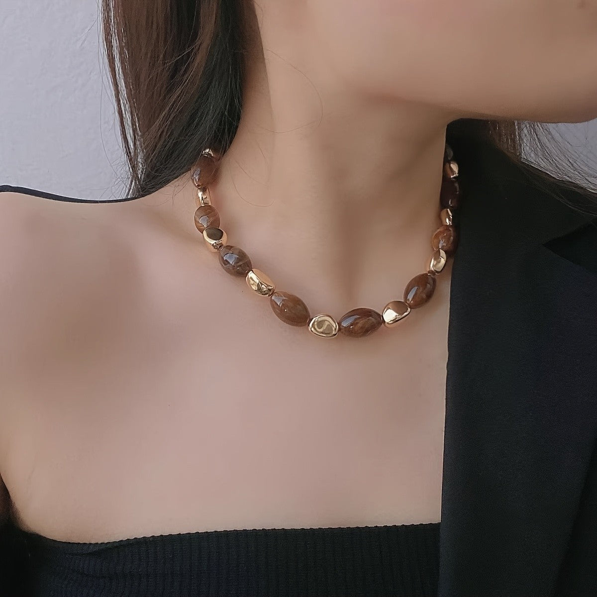 Burgundy & Gold Oval Bead Necklace