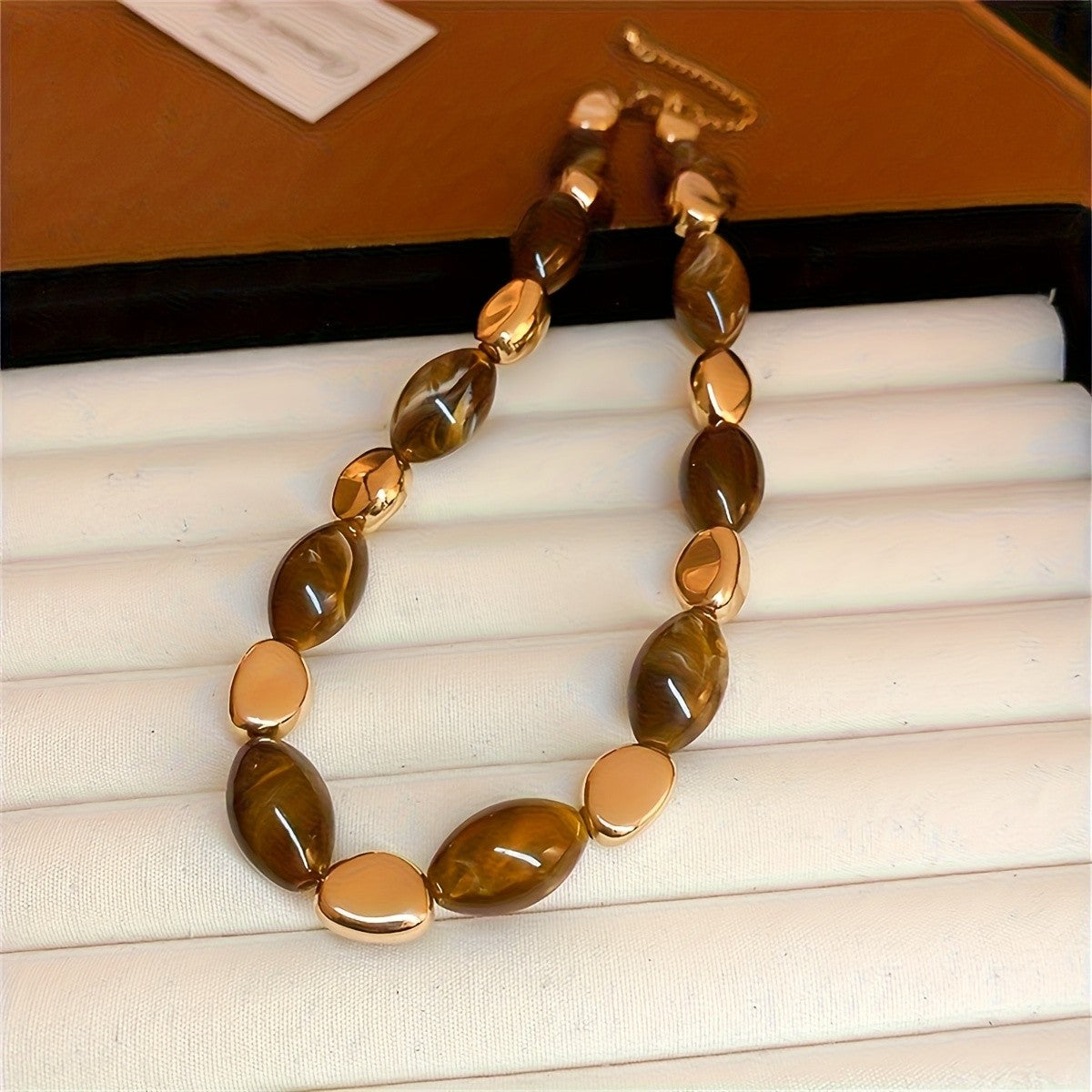 Burgundy & Gold Oval Bead Necklace