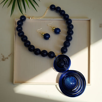 Blue Spiral Bead Necklace & Earring Set