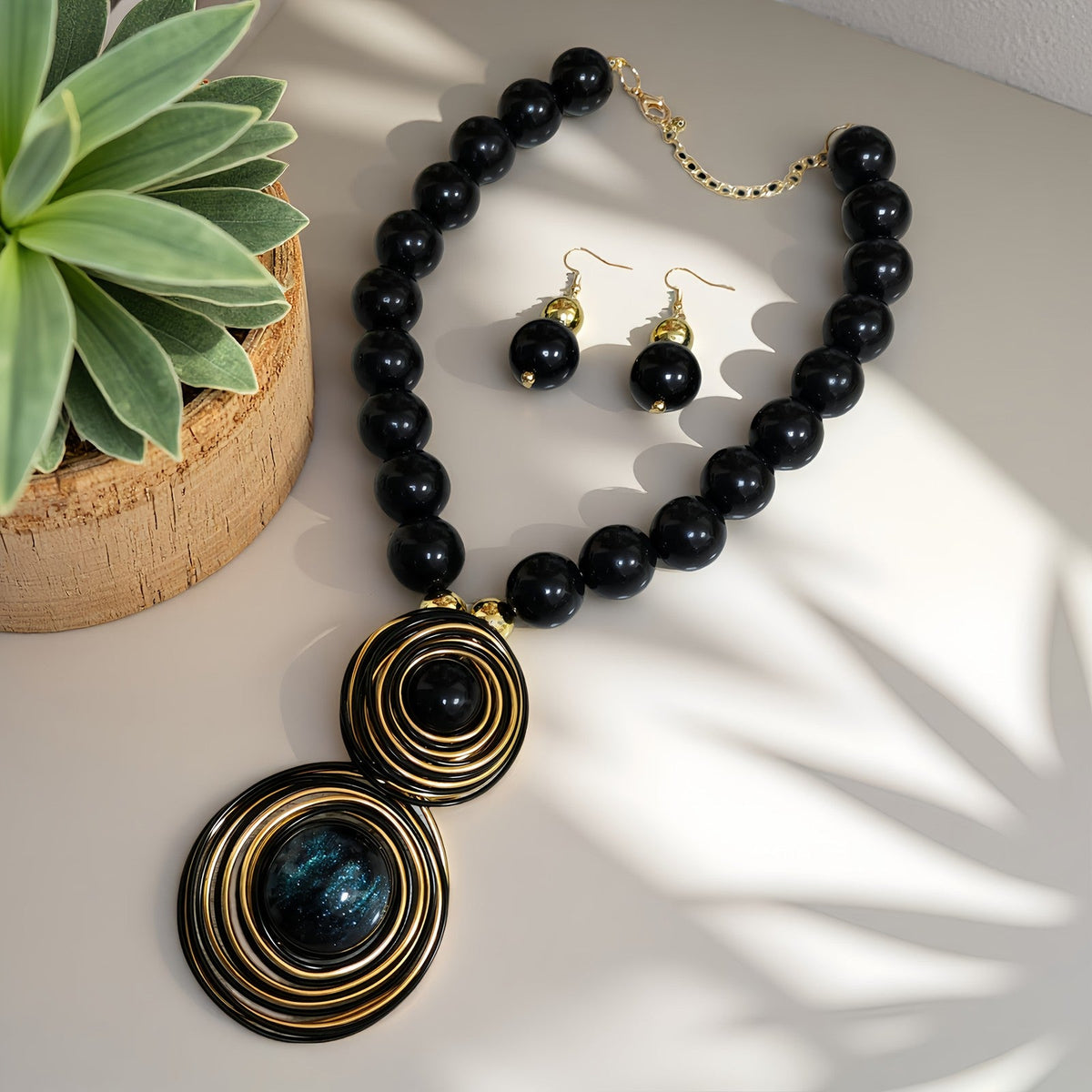 Blue Spiral Bead Necklace & Earring Set