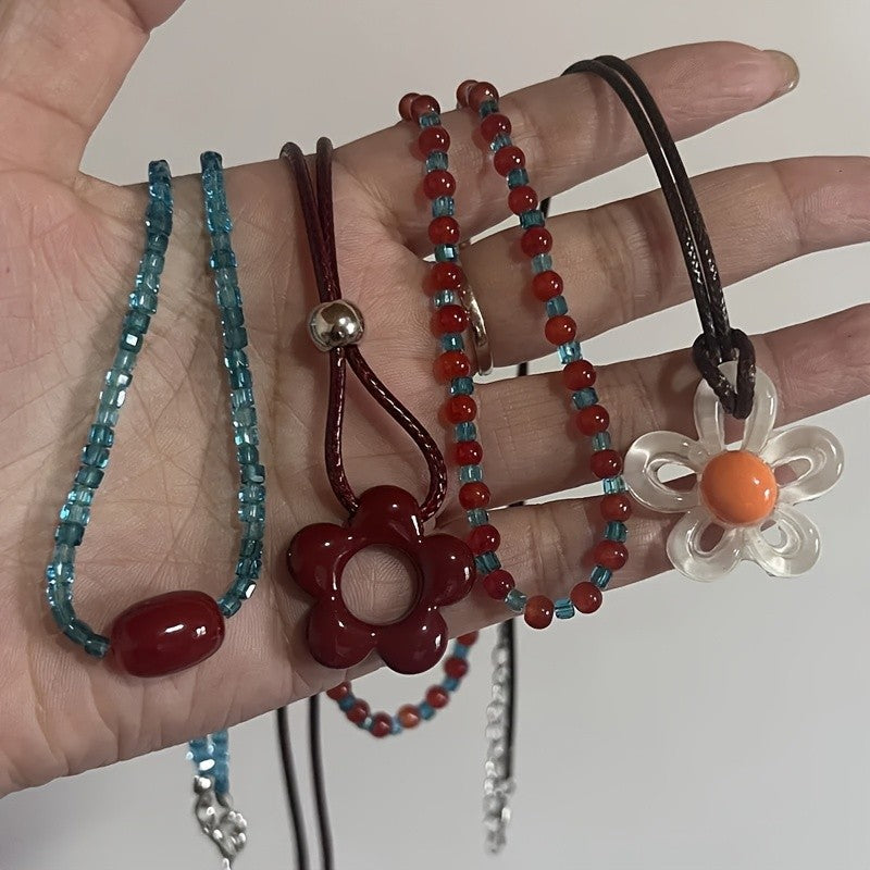 4pc Resin Flower Pendant Necklace Set