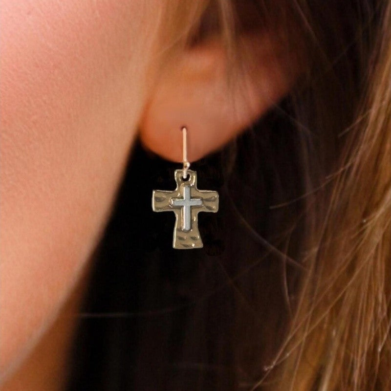Two-Tone Hammered Cross Earrings